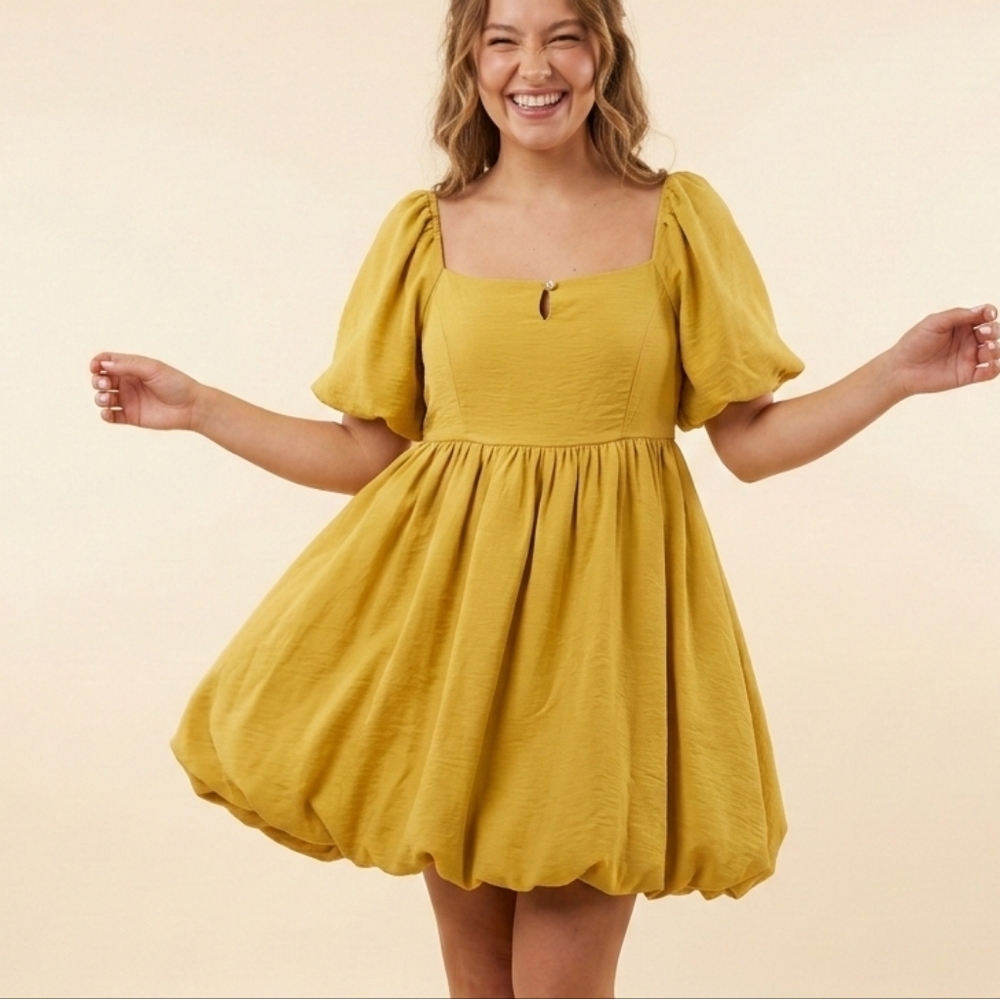 NWT HYFVE Mustard Yellow Mini Bubble Hem Dress